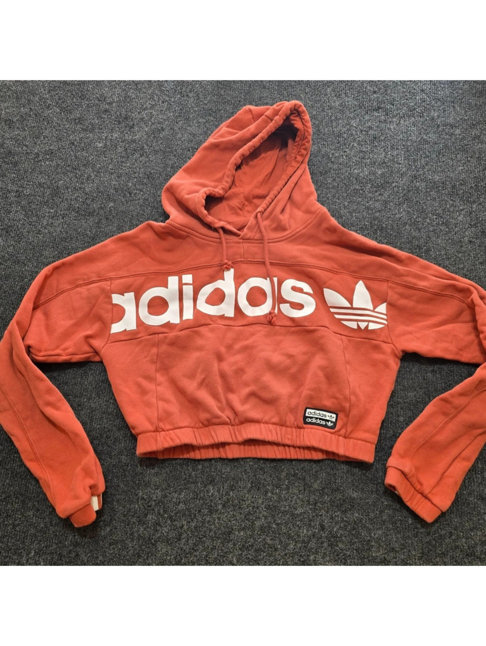 Adidas Originals Cropped Hoodie Orange Burnt Rust Trefoil Spellout Pullover M